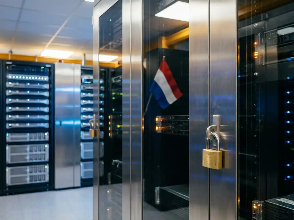 Serverruimte met stalen rack waarop de Nederlandse vlag weerspiegelt, hangslot op metalen kast, blauwe en zilveren tinten met amber verlichting.