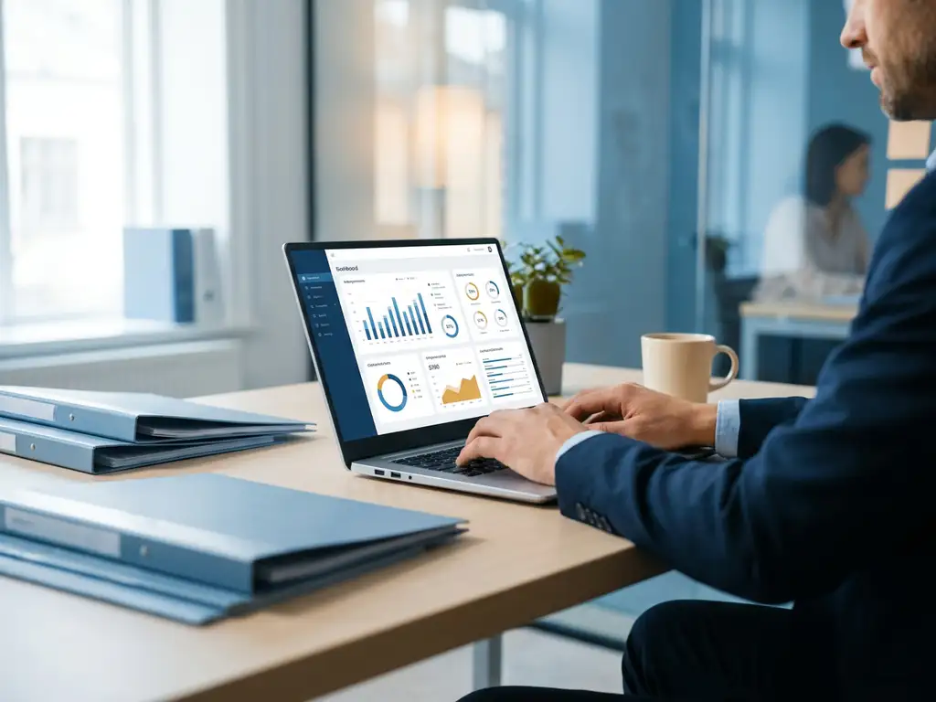 Niet-technisch teamlid werkt zelfverzekerd aan laptop met vereenvoudigd dashboard, georganiseerde werkplek in modern kantoor.