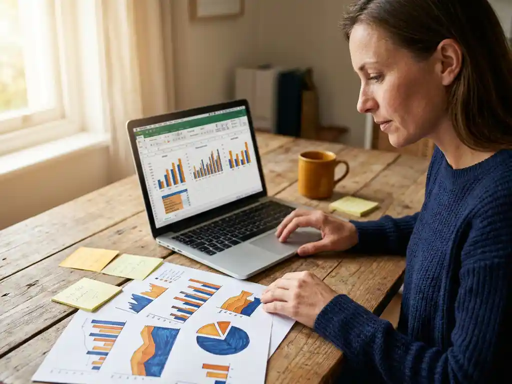 Ondernemer analyseert kleurrijke datagrafieken op houten bureau met laptop, koffie en sticky notes in warm ochtendlicht.