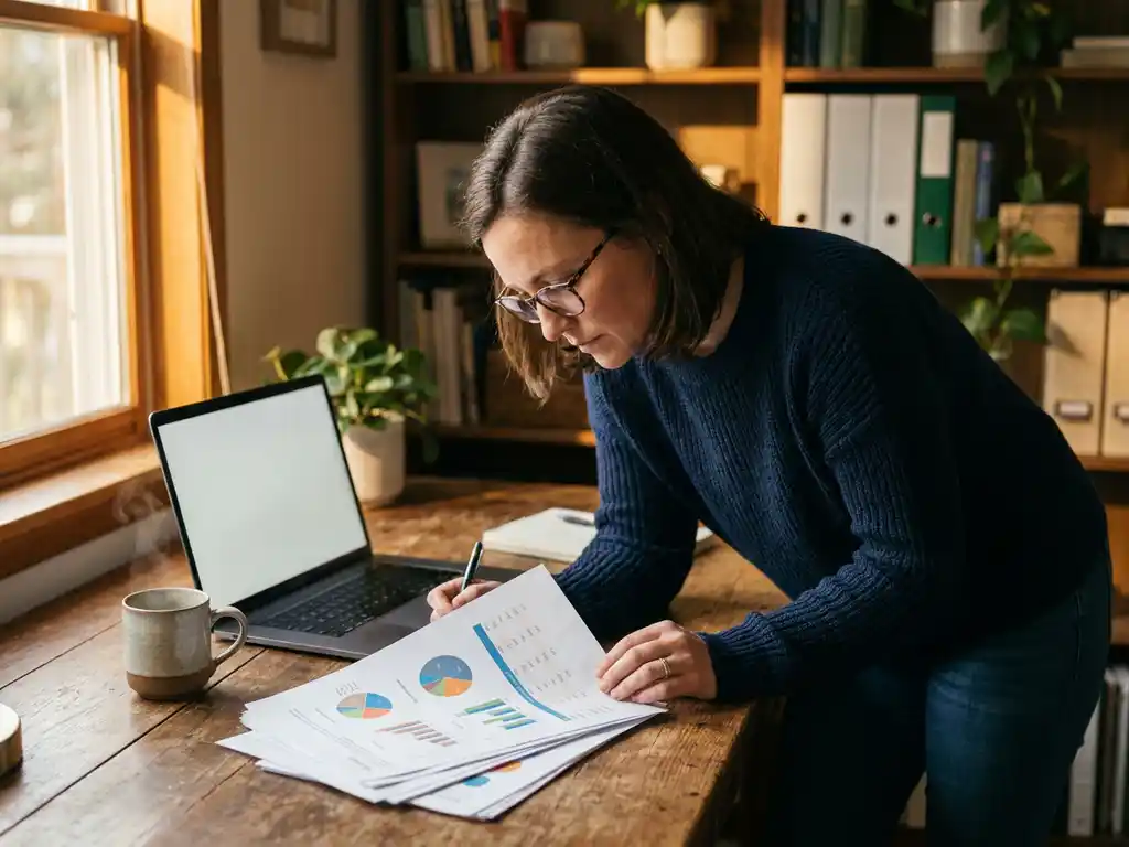 Ondernemer bestudeert kleurrijke datagrafieken op papier naast een laptop op een houten bureau in een modern thuiskantoor.