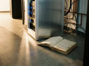 Verouderd opengeslagen kasboek naast een moderne serverrack in een datacentergang, koper en aluminium in dramatisch zijlicht.