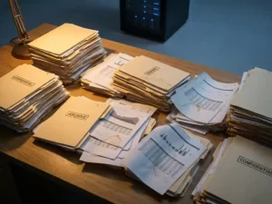 Overvolle manila mappen en losse spreadsheetprints verspreid over een eikenhouten bureau, met een serverrack op de achtergrond.