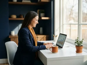 Professional verkent kleurrijke datagrammen op laptop aan minimalistisch bureau met koffie en zacht natuurlijk licht.