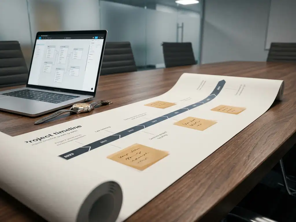 Projecttijdlijn op vergadertafel naast mechanisch horloge, laptop met databasediagrammen en sticky notes als mijlpalen.