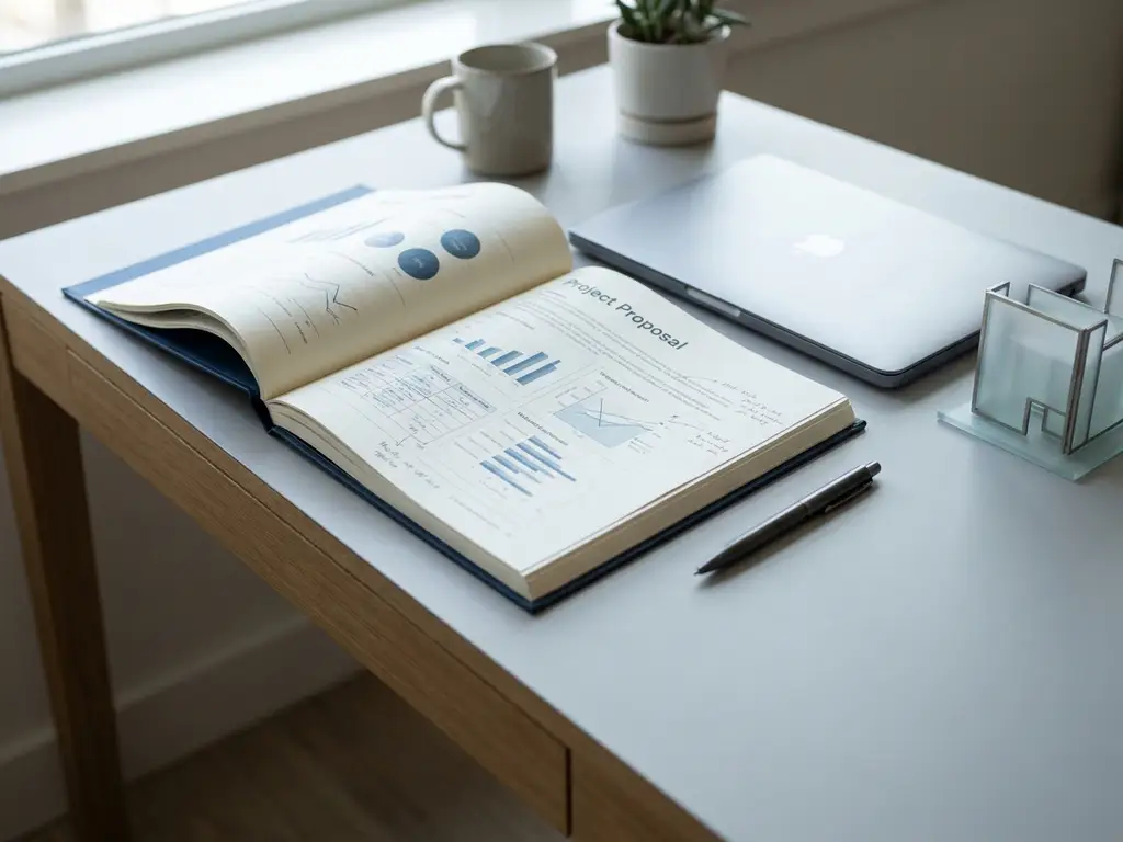 Opengeslagen projectvoorstel met kostenoverzicht op modern bureau naast laptop, pen en architectuurmodel in blauw-wit kantoorlicht.