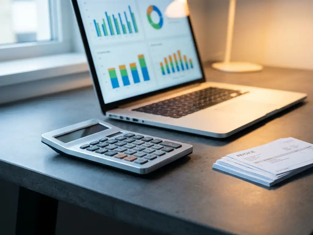 Zilveren rekenmachine op bureaunaast laptop met data-dashboards en facturen, verlicht door amberkleurige bureaulamp.
