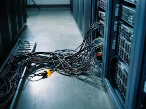 Loshangende en verstrengelde serverkabels op datacenter vloer naast een geordend serverrek, met oranje waarschuwingslamp.