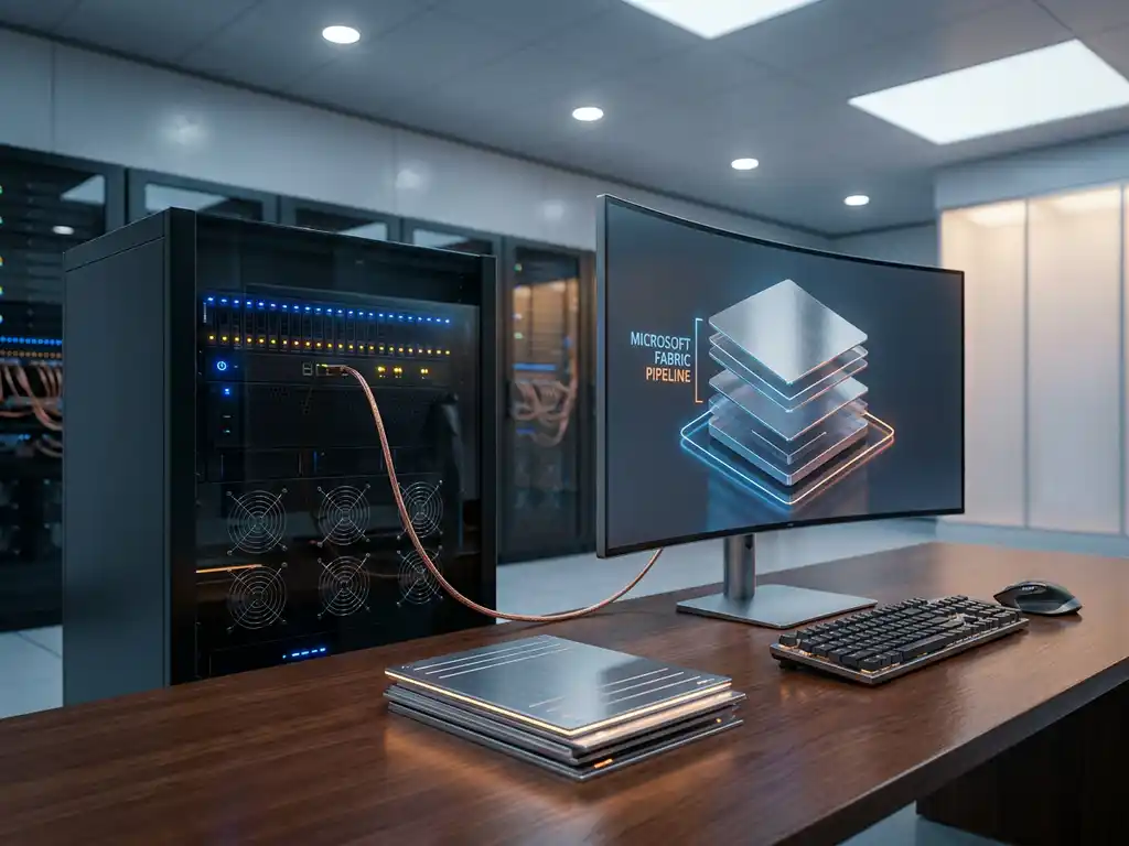 Serverrack met gloeiende indicatielampjes verbonden via een koperen datakabel aan een werkstation in een moderne serverruimte.