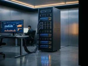 Enterprise serverrack met gloeiende statuslampjes verbonden via kabelsbundel aan werkstation met Microsoft Fabric-dashboard.