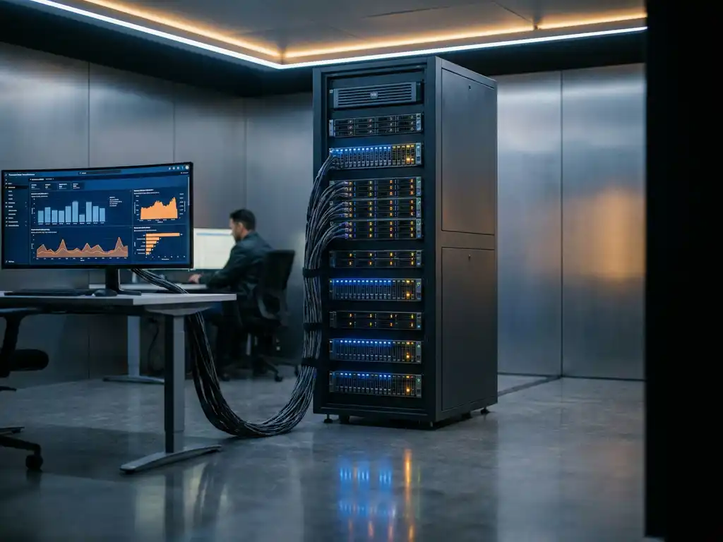 Enterprise serverrack met gloeiende statuslampjes verbonden via kabelsbundel aan werkstation met Microsoft Fabric-dashboard.