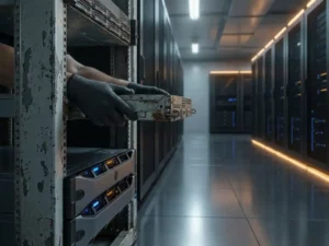 Verweerde serverrack wordt ontmanteld terwijl moderne hardware klaarstaat op een gepolijste datacenter vloer.