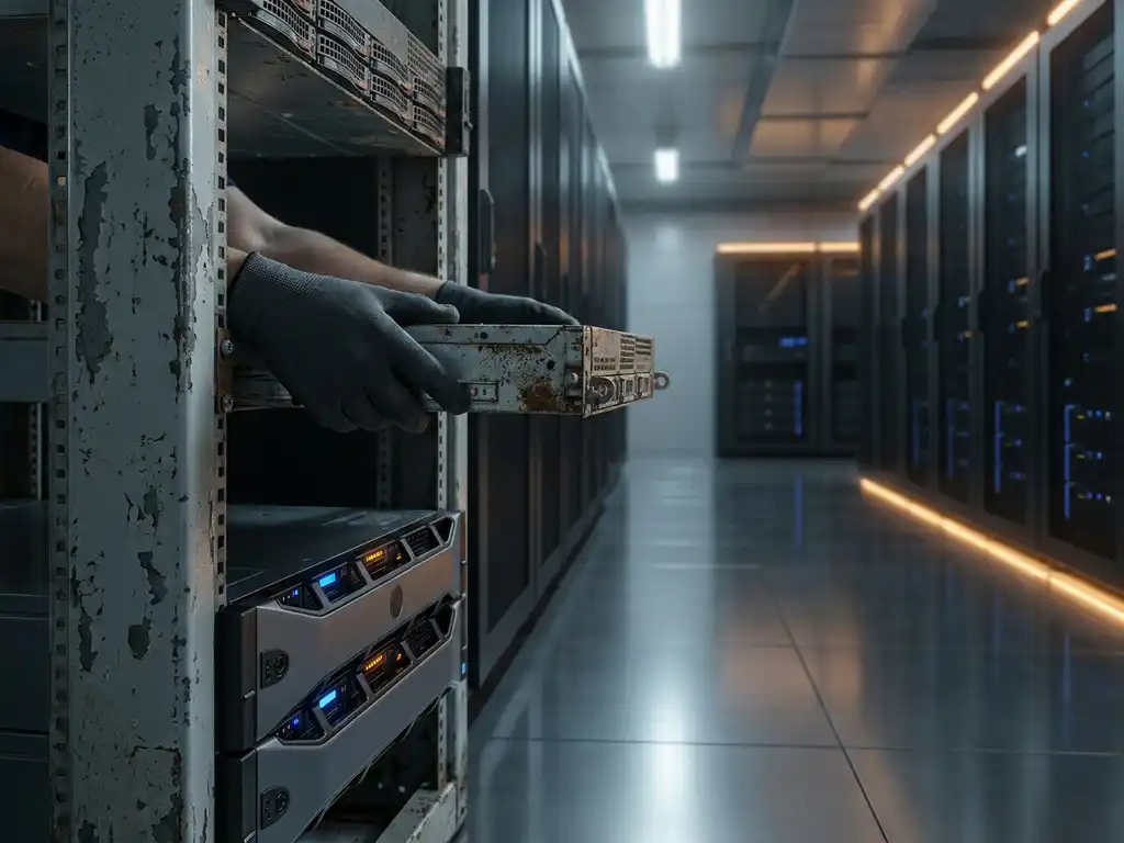 Verweerde serverrack wordt ontmanteld terwijl moderne hardware klaarstaat op een gepolijste datacenter vloer.