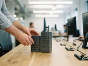 Databasebeheerder rangschikt serverrack-modellen op bureau, elk met gekleurde indicatielampjes per bedrijfsafdeling, kantooromgeving.