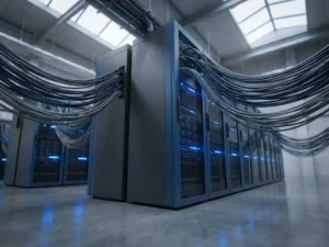 Serverrack in modern datacenter met blauwe indicatielampjes, uitbreidende kabelinfrastructuur en rijen racks op de achtergrond.