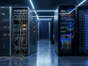 Twee serverracks in modern datacenter: verouderd rek met rommelige kabels naast nieuw rek met strak kabelmanagement, blauw omgevingslicht.
