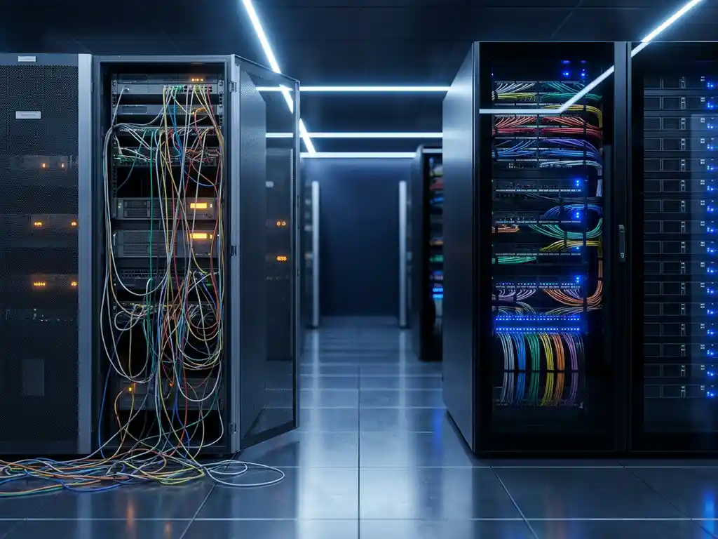 Twee serverracks in modern datacenter: verouderd rek met rommelige kabels naast nieuw rek met strak kabelmanagement, blauw omgevingslicht.