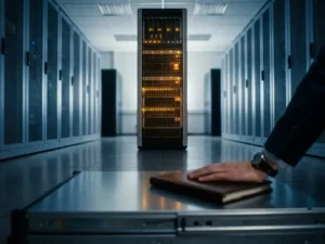 Rij met verlichte enterprise databaseservers in een serverruimte, met een hand op een leren notitieboek op een apparatuurplank.