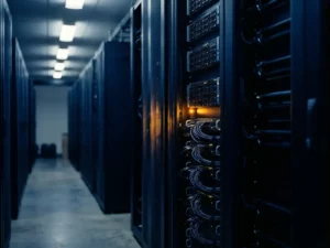 Klimaatgecontroleerde serverruimte met hoge hardwarerekken, georganiseerde kabelbundels en een gloeienд amber statuslampje op gepolijst staal.
