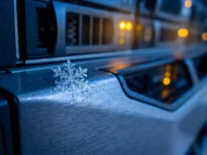 Macro close-up van een sneeuwvlokkristal op een donker serverrek, verlicht door koel blauw datacenterl icht met zachte amber indicatielampjes.