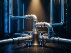Stalen pijpconnectoren die samenkomen in een centrale hub op een serverroomvloer, verlicht door blauw en amber licht.