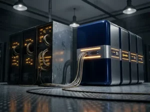 Verouderd serverrek met knipperende statusindicatoren naast moderne cloud-infrastructuur op stalen datacenter vloer, verbonden door nette kabelgebundels.