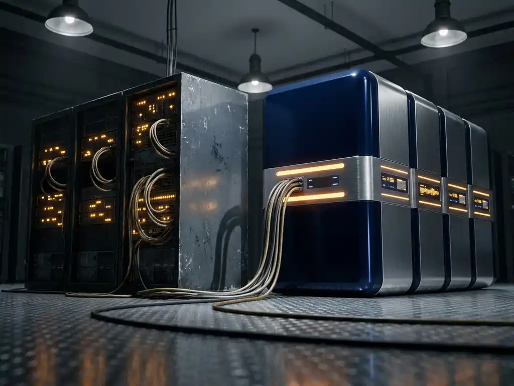 Verouderd serverrek met knipperende statusindicatoren naast moderne cloud-infrastructuur op stalen datacenter vloer, verbonden door nette kabelgebundels.