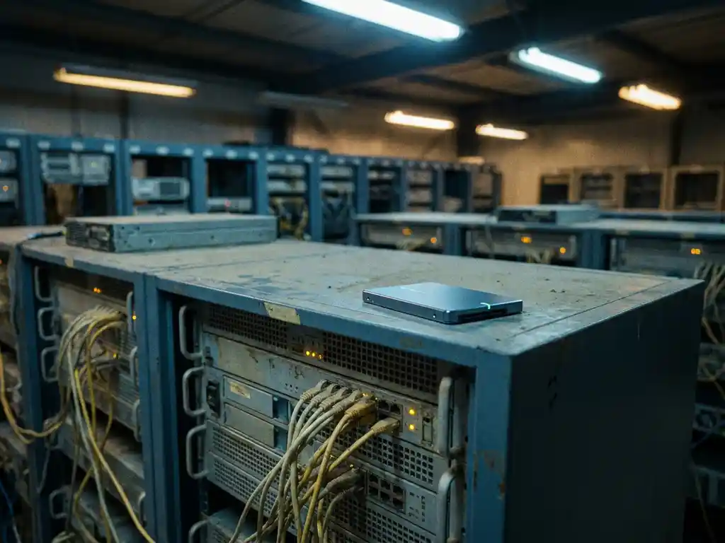 Verouderd serverrek met vergeelde kabels in een datacentrum, met een moderne SSD-schijf die het contrast met oude hardware benadrukt.