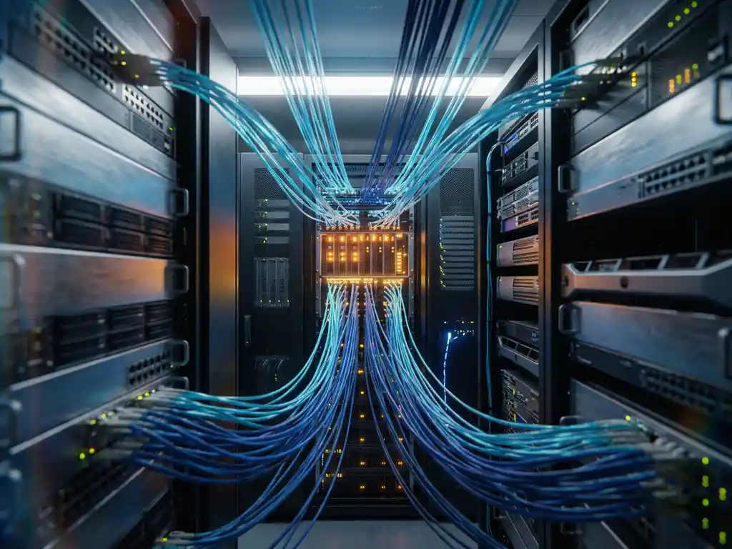 Glasvezelkabels die samenkomen in een verlichte serverrack in een datacenter met blauw en amber licht.