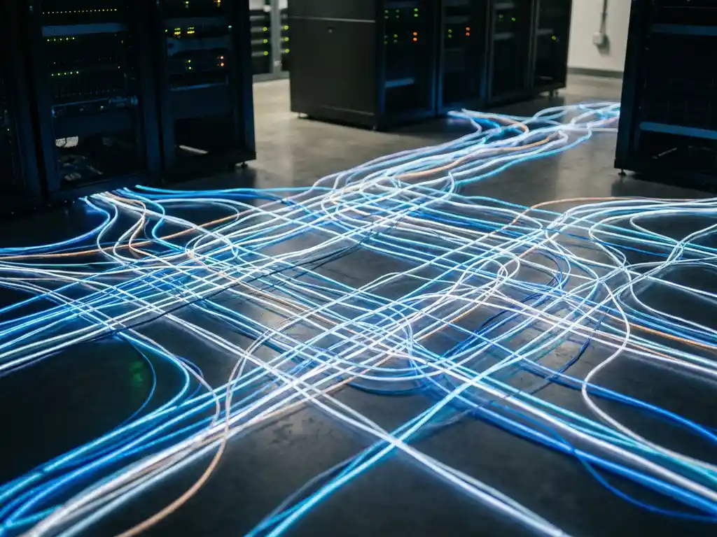 Lichtgevende glasvezeldraden geweven tot een blauw-zilver netwerk op de vloer van een serverruimte, met databaseracks op de achtergrond.