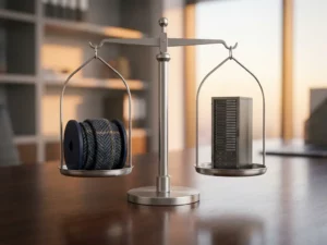 Precisieweegschaal in evenwicht met een spoel geweven stof en een serverrack, symbool voor balans tussen mode en technologie.