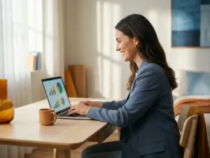 Zakenvrouw analyseert kleurrijke datarapporten op laptop aan minimalistisch bureau met koffie en natuurlijk licht.