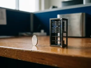 Glanzende munt rechtop op bureau naast miniatuur serverrack, symbool voor kostenefficiënte infrastructuurkeuzes.