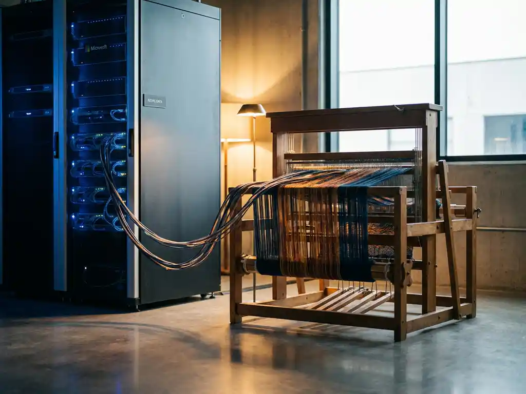 Azure datacenterrack naast een weefgetouw met indigo en amberkleurige draden die datapipelineverbindingen symboliseren.