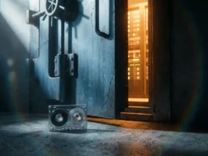 Stalen kluisdeur op een kier met gloeiende serverracks zichtbaar, een backup-tapecartridge op de betonnen vloer op de voorgrond.