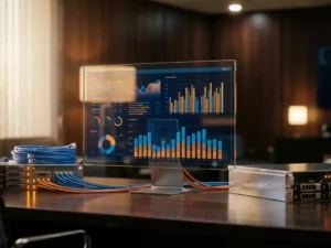 BI-dashboard met kleurrijke grafieken op monitor, omringd door serverrackcomponenten en gestructureerde databasekabels op een zakelijk bureau.