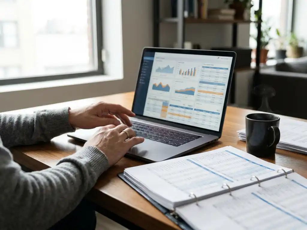 Accountant analyseert financiële dashboards en spreadsheets op laptop, omringd door rapporten en koffie op modern bureau.