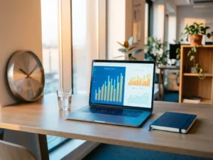 Opgeruimd bureau met laptop met kleurrijke prestatiegrafieken, wazige wandklok, glas water en notitieboek in modern Nederlands kantoor.