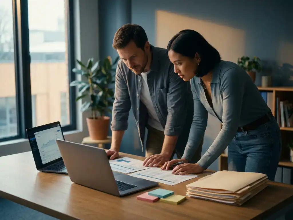 Twee collega's vergelijken uitgeprinte specificaties naast een laptop op een opgeruimd bureau in een modern kantoor met natuurlijk zijlicht.