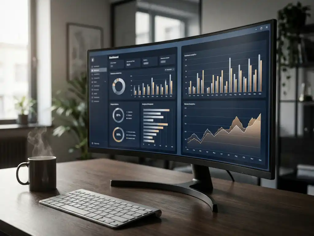 Enterprise dashboard met twee analytische rapportlay-outs op monitor, modern bureau met draadloos toetsenbord en dampende koffie, navy en zilver kleurenschema.