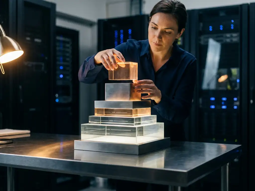 Data-engineer plaatst een gloeiende bouwsteen in een gelaagd architectuurmodel van glas en staal, symbool voor data-infrastructuur.
