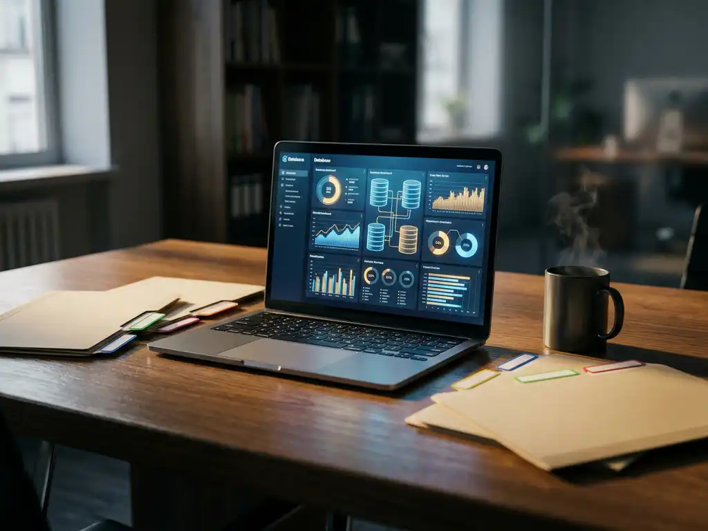 Laptop met gestructureerd databasedashboard op donker eiken bureau, omringd door mappen met entiteitslabels en een dampende koffiekop.