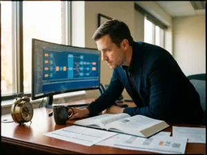 Professional leaning over werkstation met technische documentatie en ultrawide monitor met datapipeline-diagrammen in modern databasekantoor.