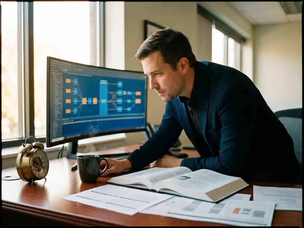 Professional leaning over werkstation met technische documentatie en ultrawide monitor met datapipeline-diagrammen in modern databasekantoor.