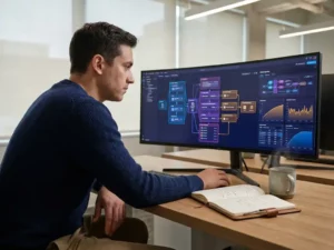 Professional die datapijplijn-dashboards bestudeert op gebogen monitor, met technisch notitieboek en koffie op modern bureau.