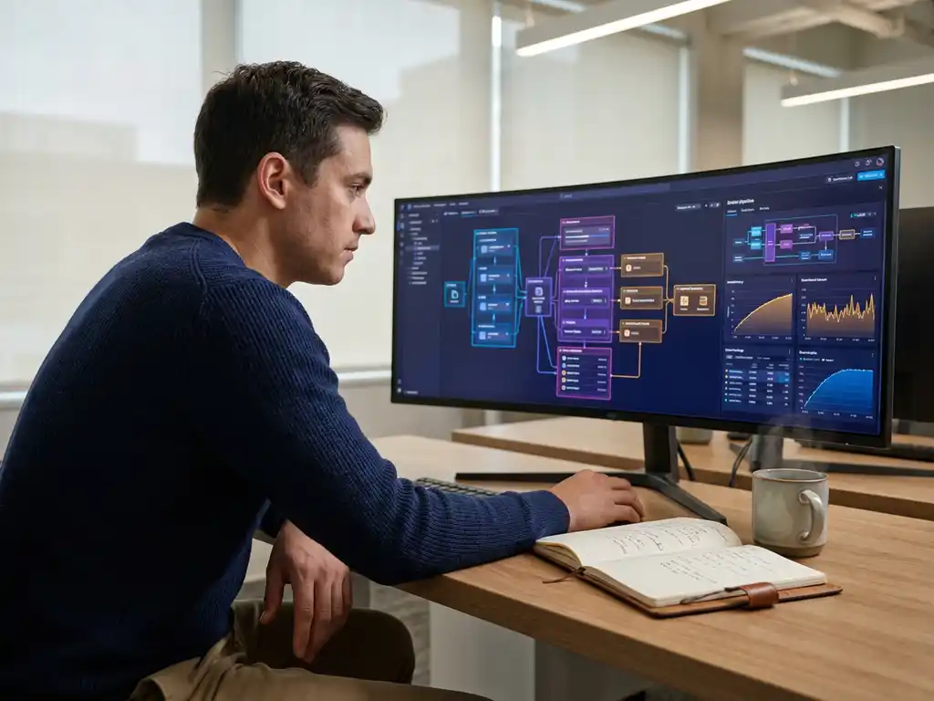 Professional die datapijplijn-dashboards bestudeert op gebogen monitor, met technisch notitieboek en koffie op modern bureau.