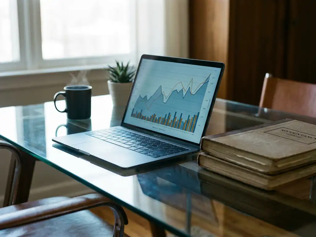 Open laptop met financieel dashboard op glazen bureau, naast boekhoudkundige grootboeken en dampende koffie in zacht ochtendlicht.