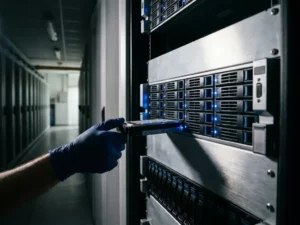Technicus plaatst hot-swap schijf in zilveren serverrack met blauwe indicatorlampjes in professioneel datacenter.