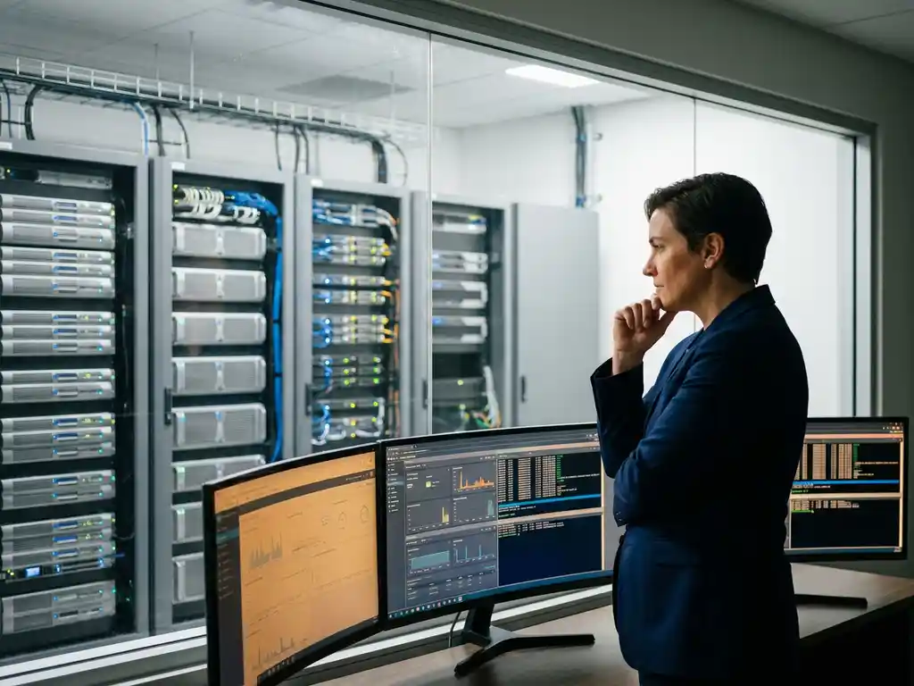 IT-directeur bekijkt enterprise workstation met besturingssysteemdashboards in moderne serverruimte.