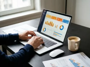 Marketinganalist werkt aan laptop met data-dashboards, omringd door grafieken, koffie en draadloze muis op modern bureau.