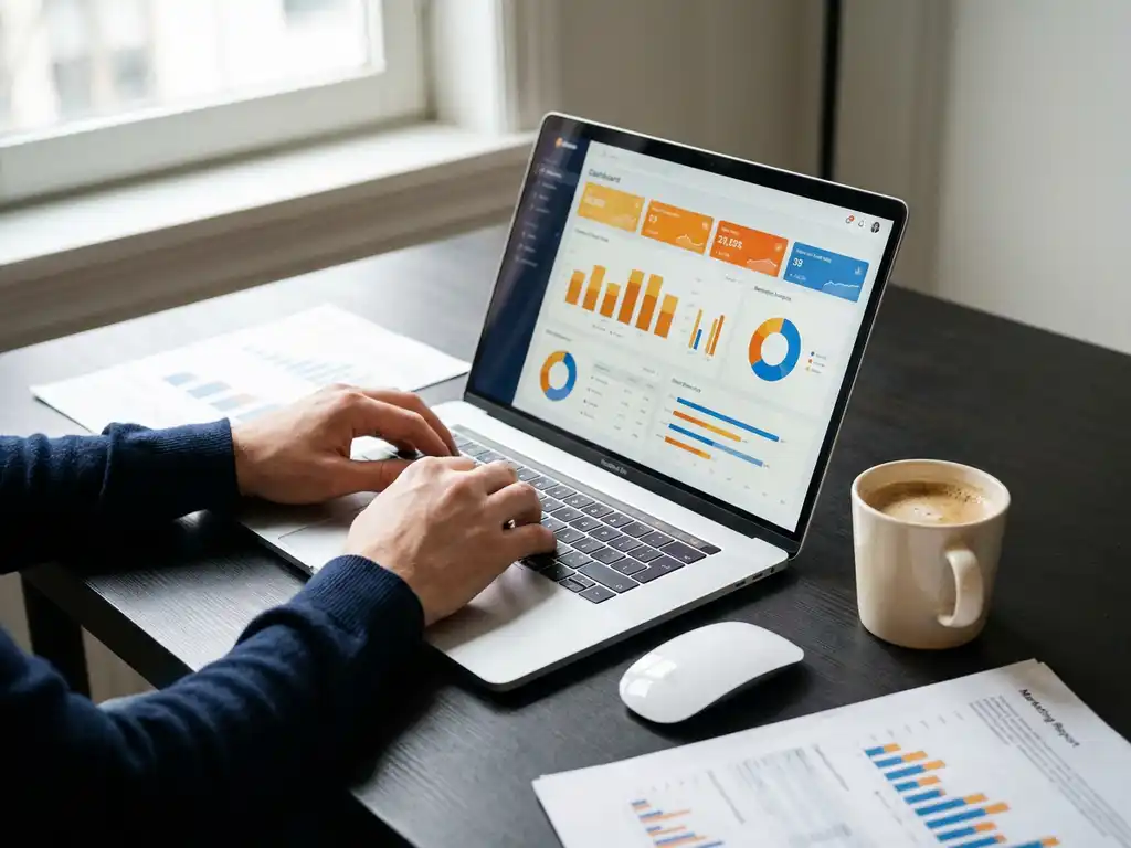 Marketinganalist werkt aan laptop met data-dashboards, omringd door grafieken, koffie en draadloze muis op modern bureau.